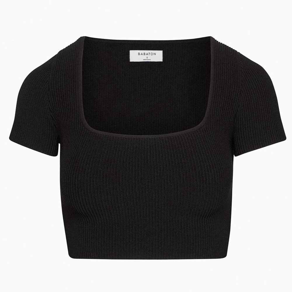 Babaton Black Ribbed Square-Neck Short Sleeve Crop Tee